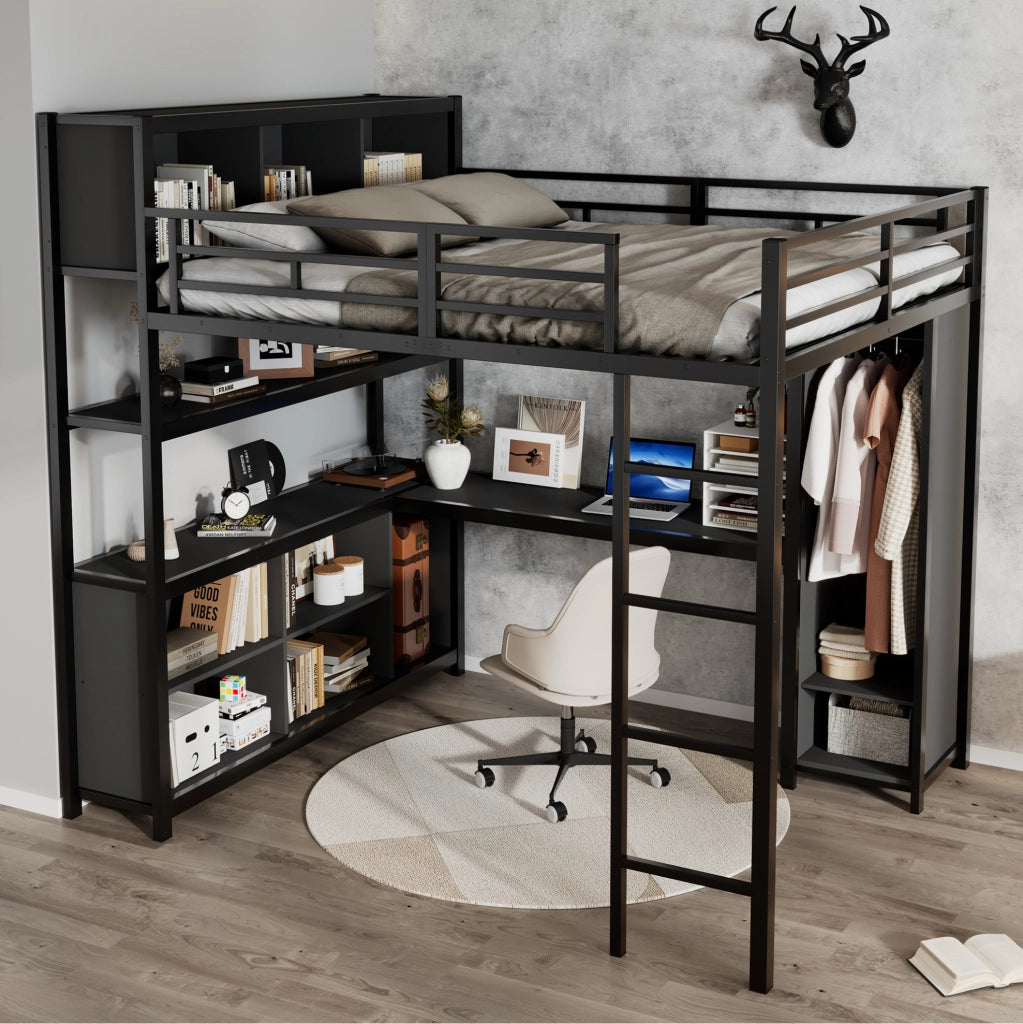 Letto a soppalco 140x200 cm con scrivania; armadio e vani contenitore in metallo e truciolare nero