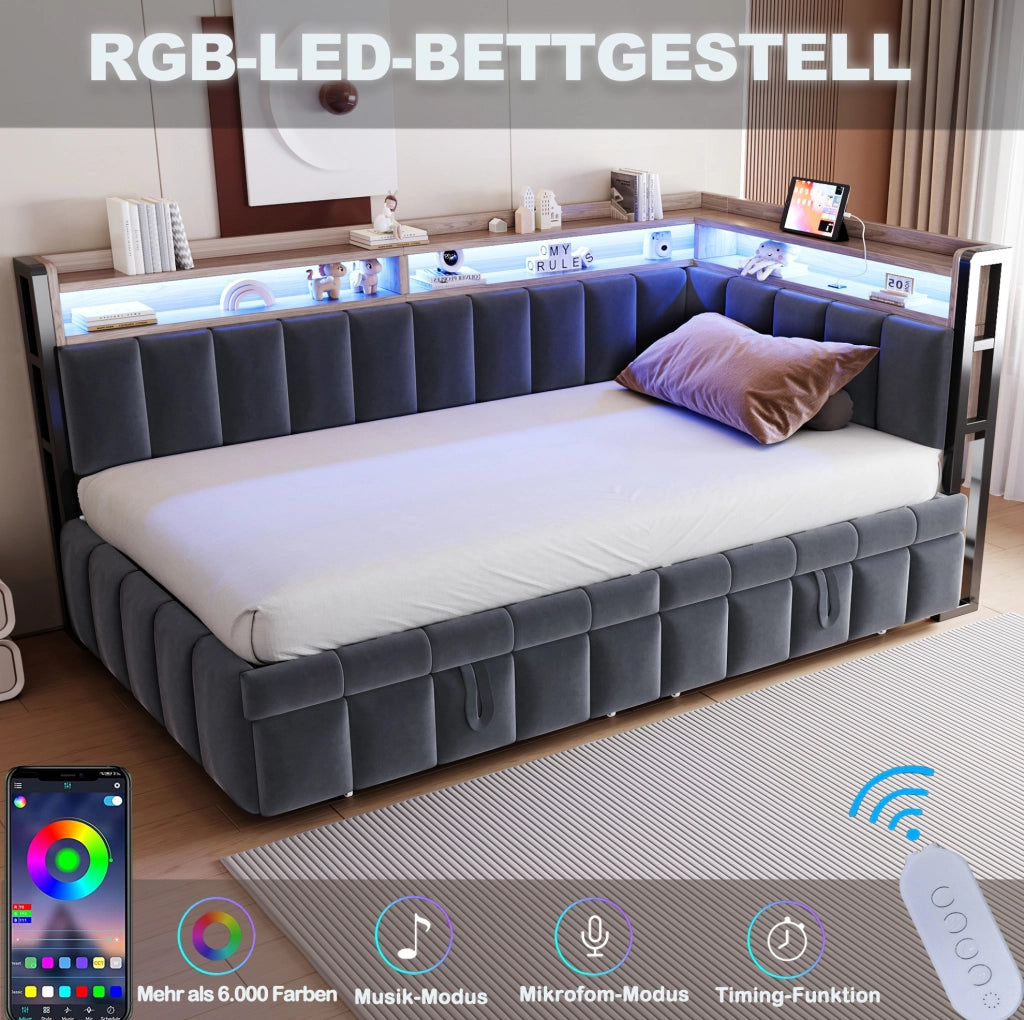LETTO Divano Estraibile 90x200 cm Velluto Grigio Scuro con LED e USB-C