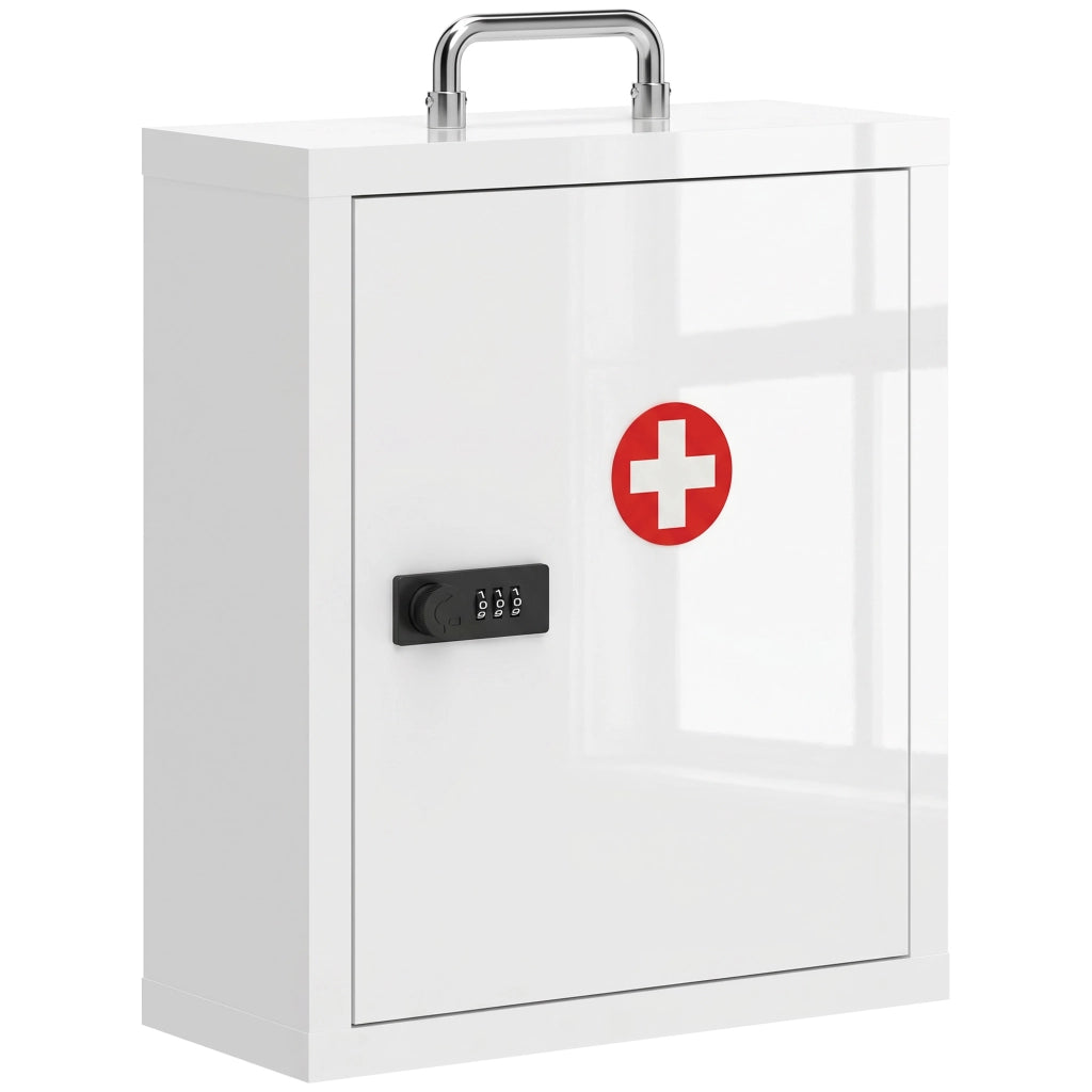 Armadietto per Medicinali a Parete in Acciaio Bianco con Serratura a Combinazione, 3 Ripiani e Maniglia, per Casa