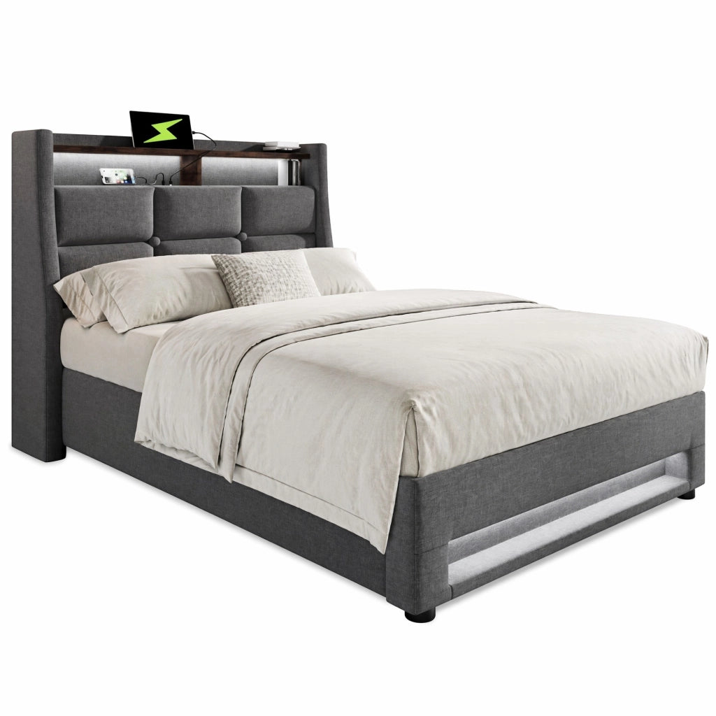 Letto imbottito grigio 90 x 200 cm con LED, USB e vano contenitore