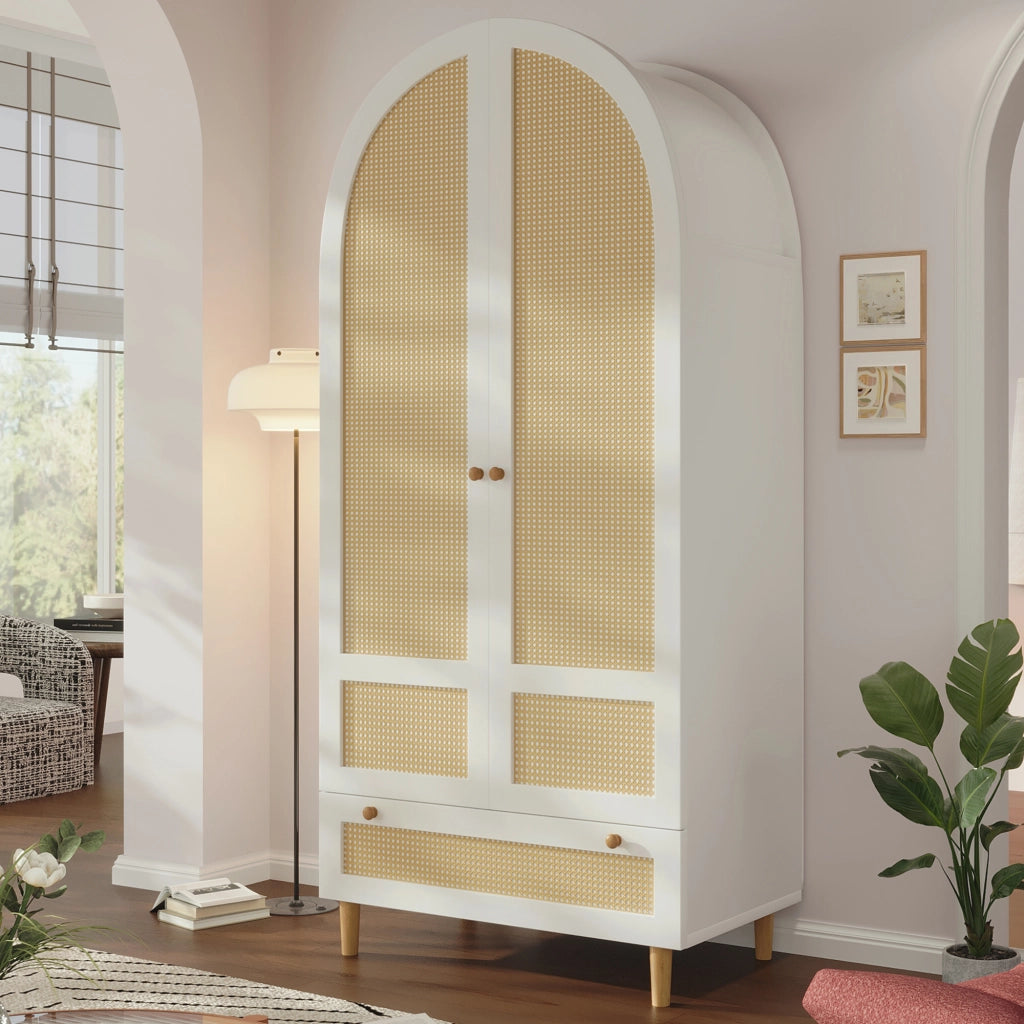 Armadio Bianco 80x50x180 cm in MDF con Design ad Arco; Bastone Appendiabiti e Cassetto per Camera da Letto