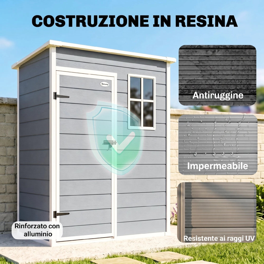 Casetta da Giardino Porta Attrezzi Grigio con Porta Bloccabile Finestra e Presa d'Aria 133x74 cm Resistente per Esterno