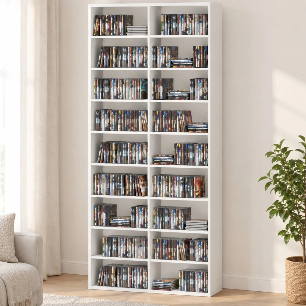 Scaffale multimediale 78.5x24x175 cm con ripiani regolabili in legno bianco