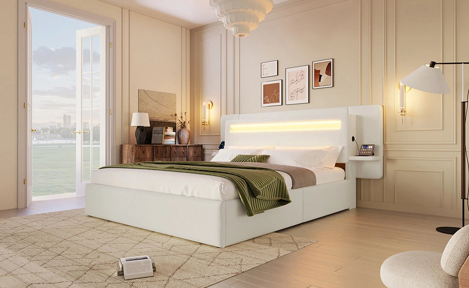 Letto imbottito 140 x 200 cm con contenitore idraulico, comodino integrato e luce LED multicolore beige