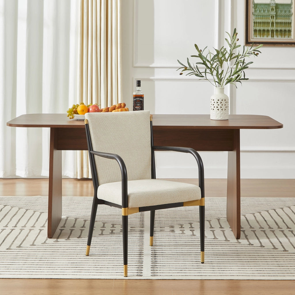 Sedie da sala da pranzo set di 2 con braccioli e piedini regolabili, in tessuto beige con dettagli oro