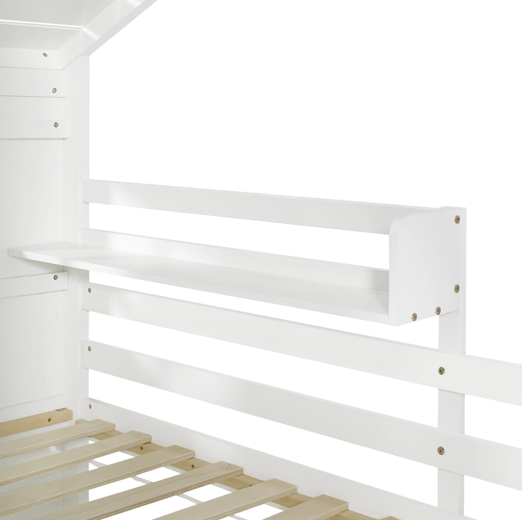 Letto a castello per bambini con scala contenitore a 3 gradini, finestrini e tetto, struttura in pino e MDF, bianco e grigio, 90x200 cm