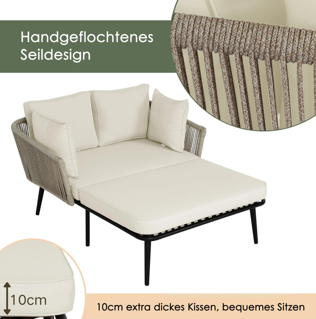 Poltrona da giardino con cuscini sfoderabili e lavabili, struttura in acciaio zincato, tessuto beige e corda kaki per esterno