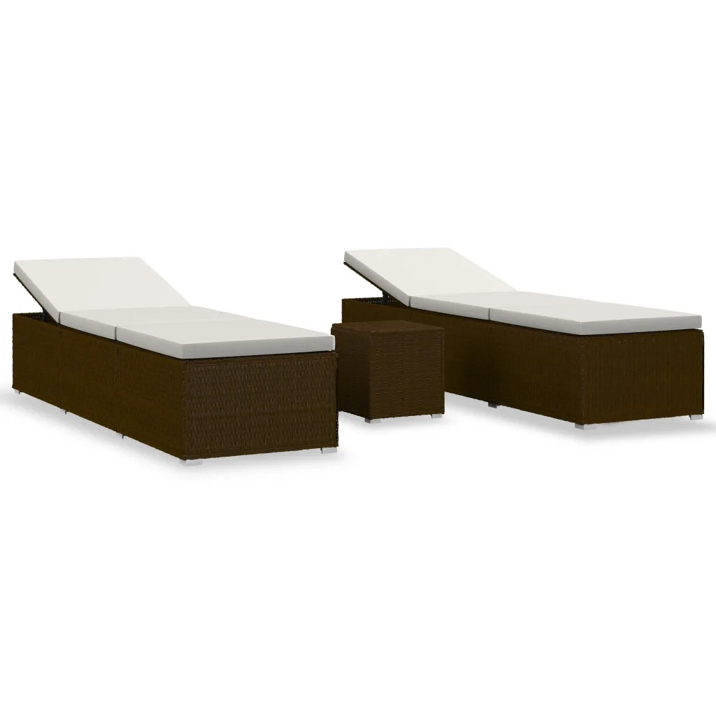 Lettini Prendisole con Tavolino 3 pz-Set di 3 Lettini per esterni in Polyrattan Marrone