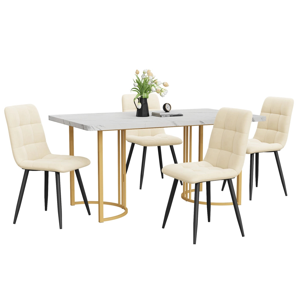 Set tavolo da pranzo 140x80 cm con 4 sedie in velluto; piano MDF bianco effetto marmo