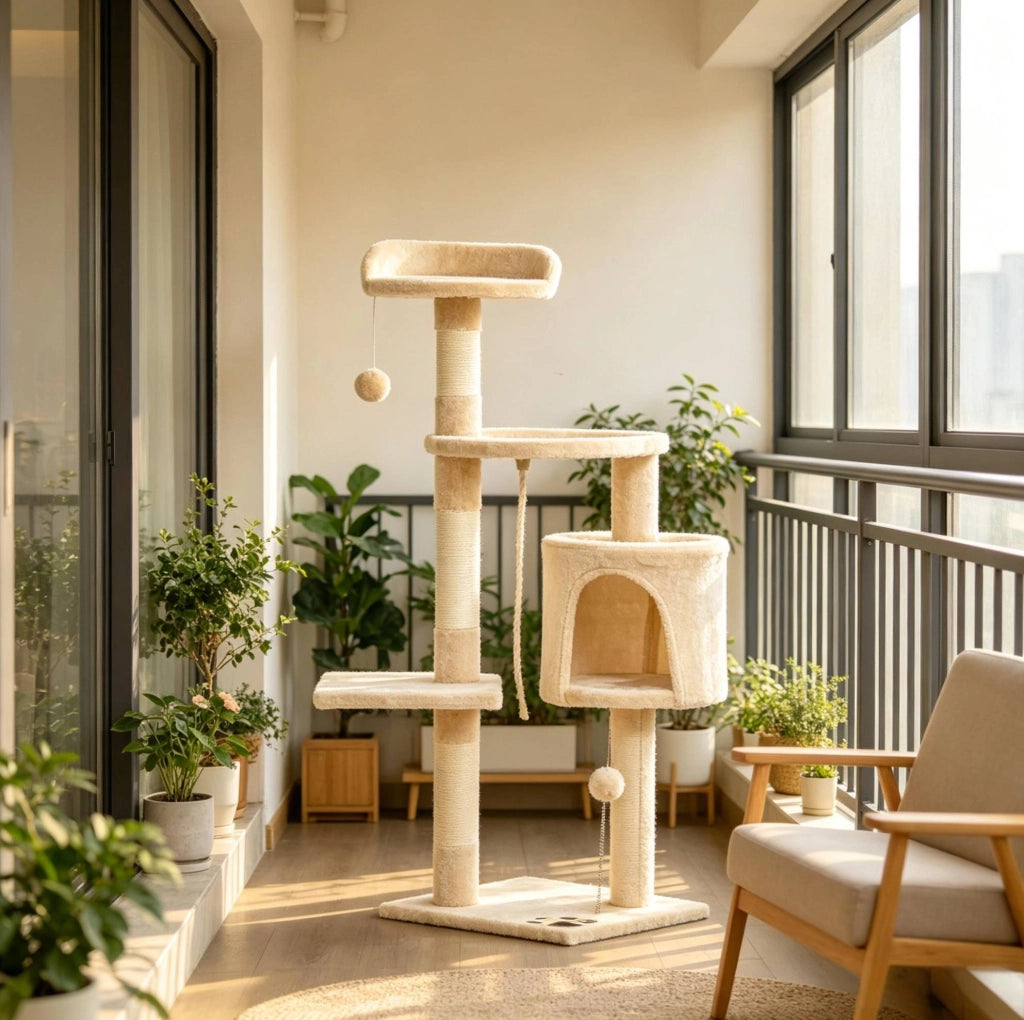 Albero tiragraffi beige a 4 livelli con nicchia, amaca e giochi
