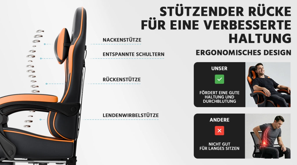 Sedia da Gaming Ergonomica con Supporto Lombare, Rivestimento in PVC Traspirante, Regolabile in Altezza e Schienale, Nero-Arancione