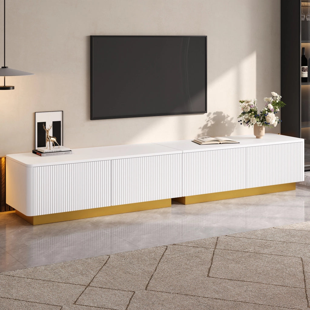 Mobile porta TV bianco largo 200 cm, frontale scanalato verticale, MDF e pannello truciolare