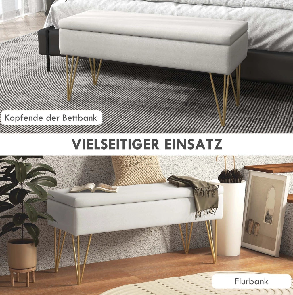 Panca contenitore imbottita in tessuto effetto lino crema con strutture in acciaio, 100 x 40 x 49 cm