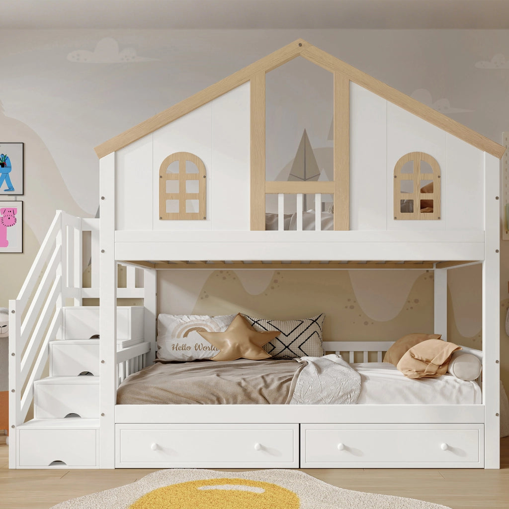 Letto a castello per bambini 90 x 200 cm a casetta; pino e MDF; scala contenitore; bianco e legno naturale