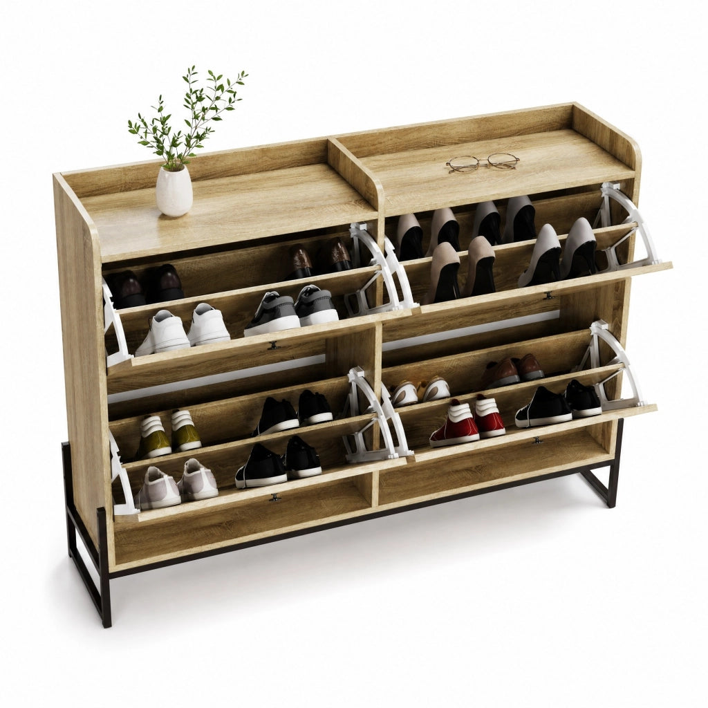 Mobile portascarpe in legno con 4 ante a ribalta, design arrotondato e ripiani salvaspazio