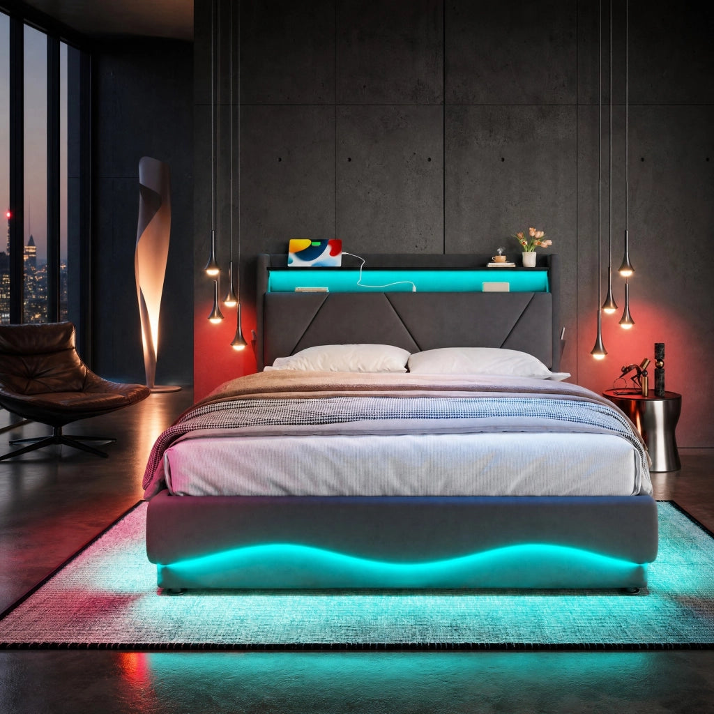 Letto matrimoniale 160 × 200 cm con contenitore in velluto grigio scuro LED USB Type C testiera con ripiani