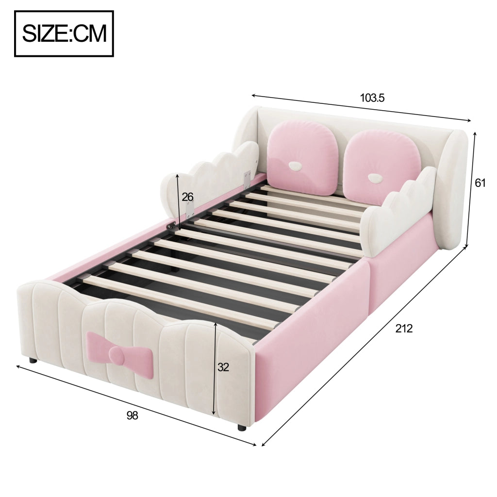 Letto singolo imbottito per bambini 90x200 cm in velluto con contenitore idraulico e due cuscini decorativi beige/rosa