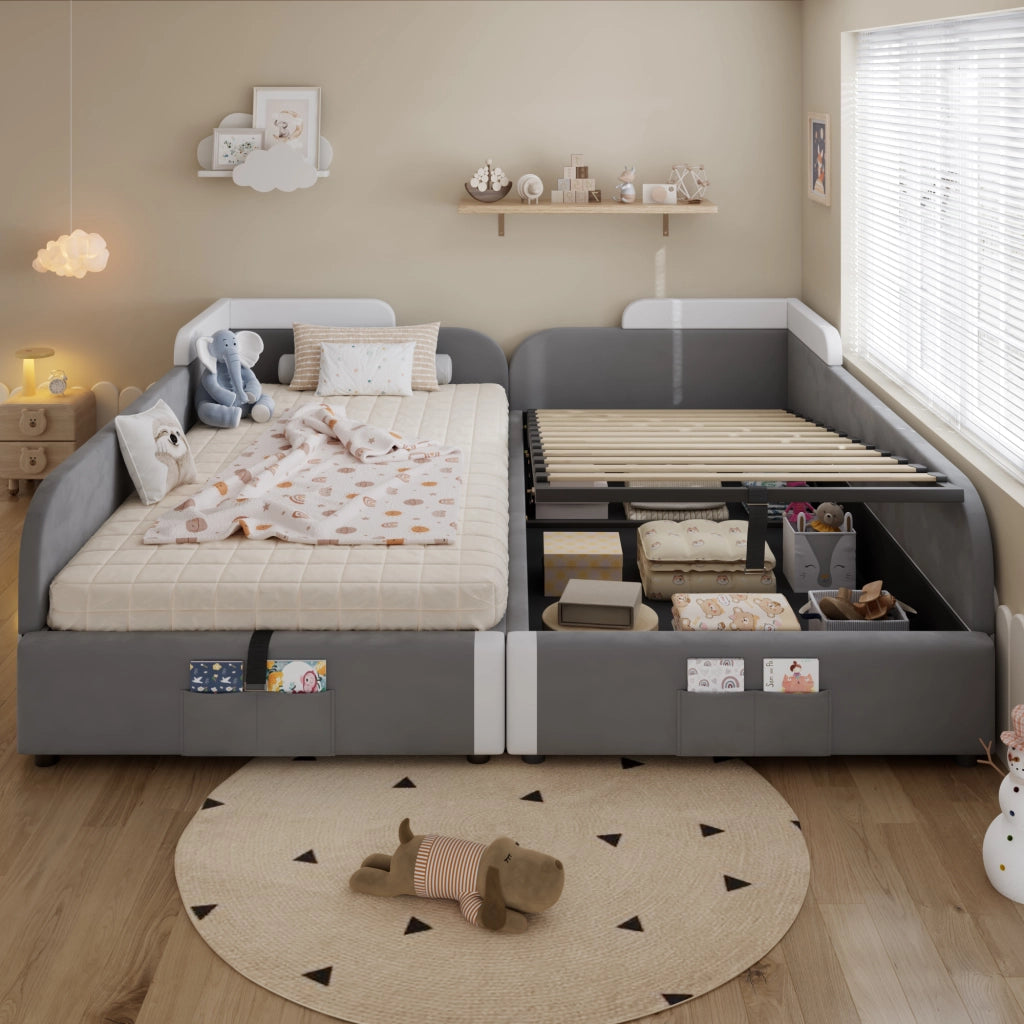 Letto bimbi imbottito in velluto con contenitore idraulico, sponda morbida rialzata e tasche portaoggetti - Bianco e grigio