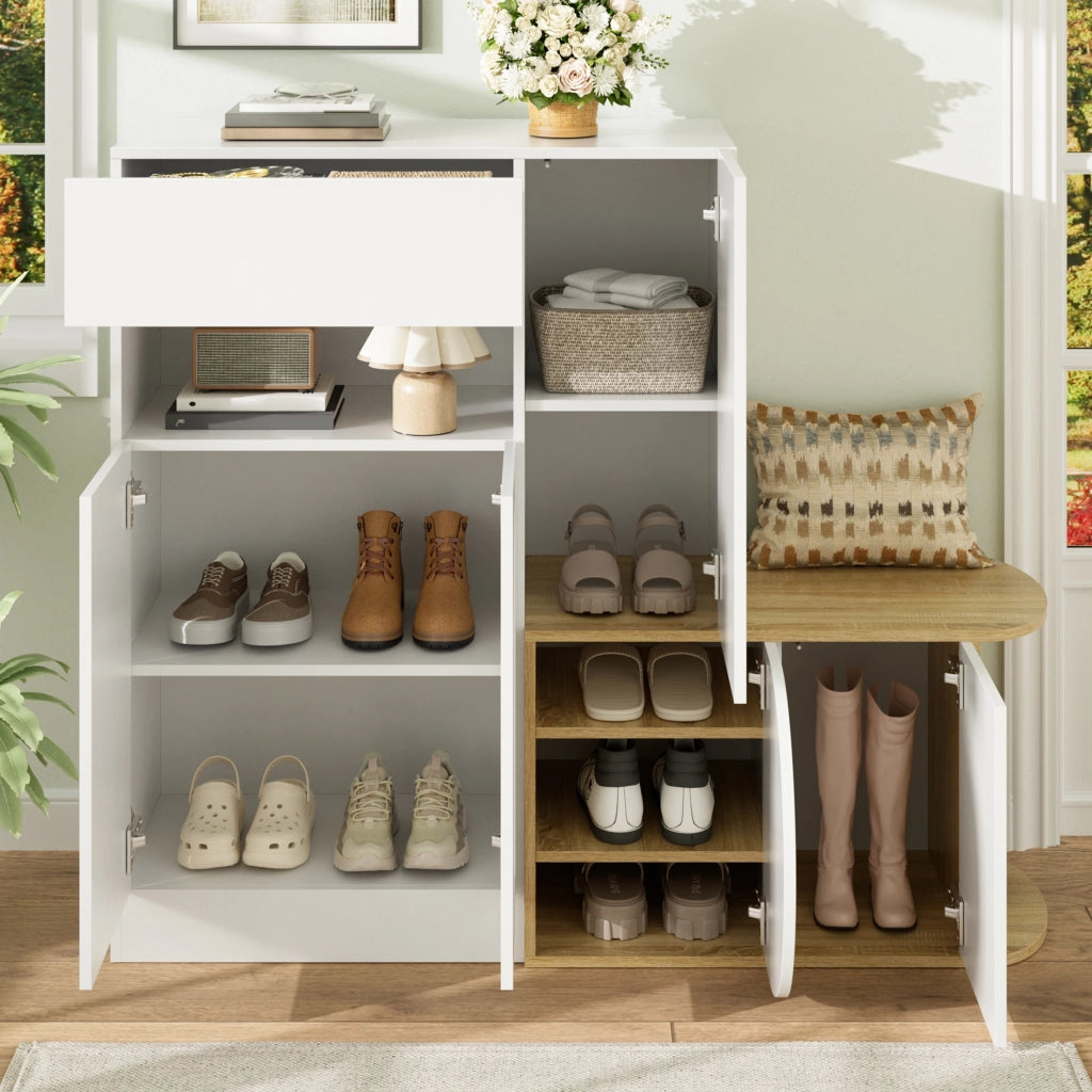 Scarpiera, mobile da ingresso, con seduta, cassetti, ripiani aperti, 130 x 35 x 110,5 cm, bianco e color legno naturale