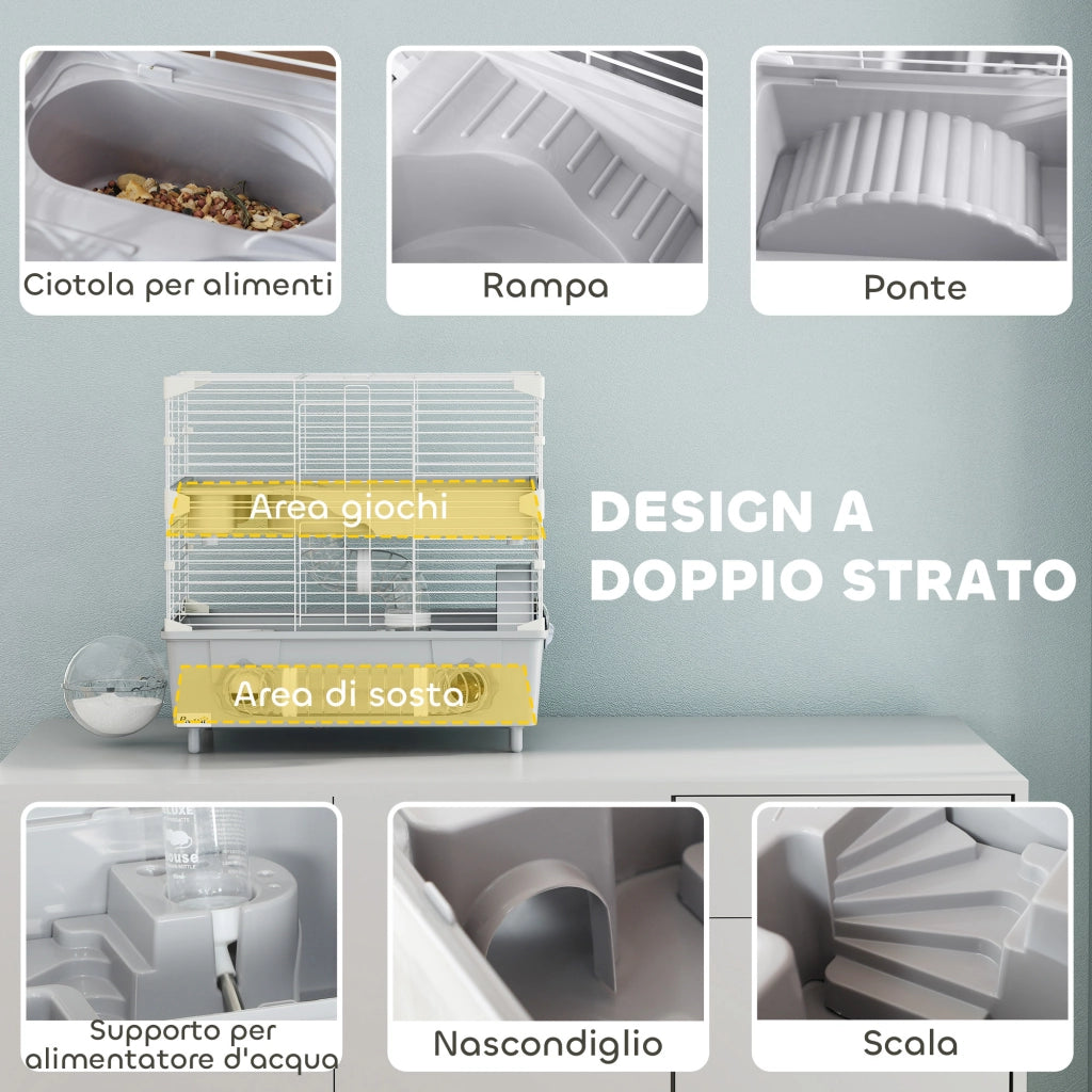 Gabbia per Criceti a 2 Livelli con Ruota ¨C Minimal ¨C Grigio e Bianco 44.5x28x44 cm