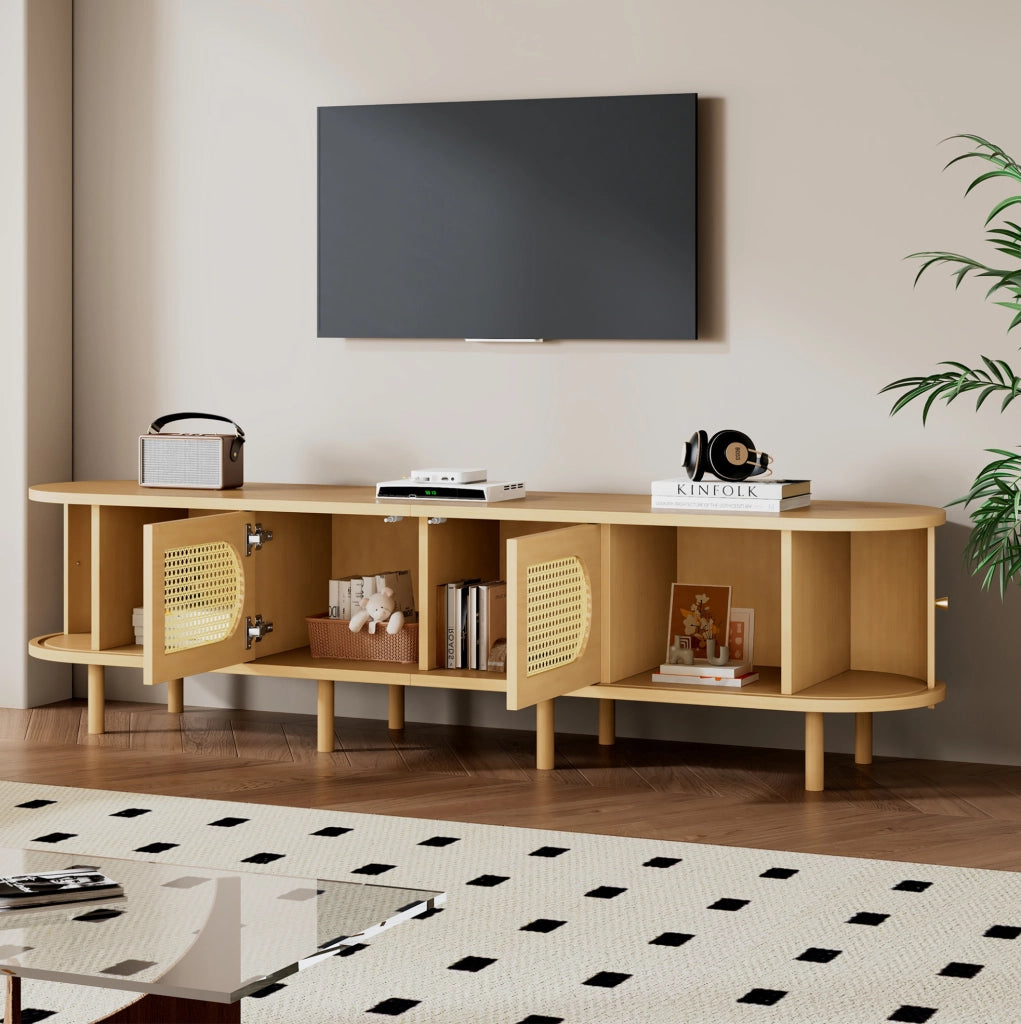 Mobile TV in MDF color legno chiaro 180 x 40 x 40 cm con ante in rattan; per TV fino a 75 pollici