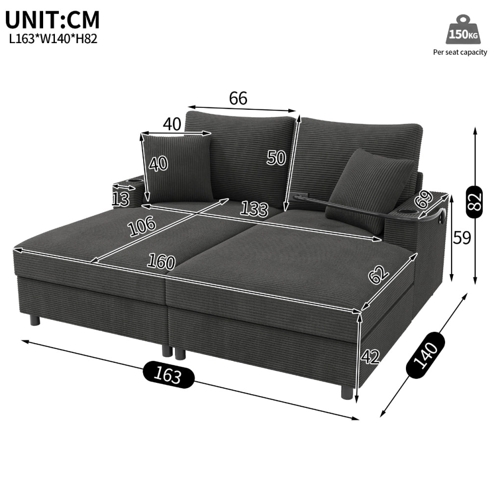 Divano 2 posti 163x140 cm con USB, USB-C e portabevande in velluto a coste grigio