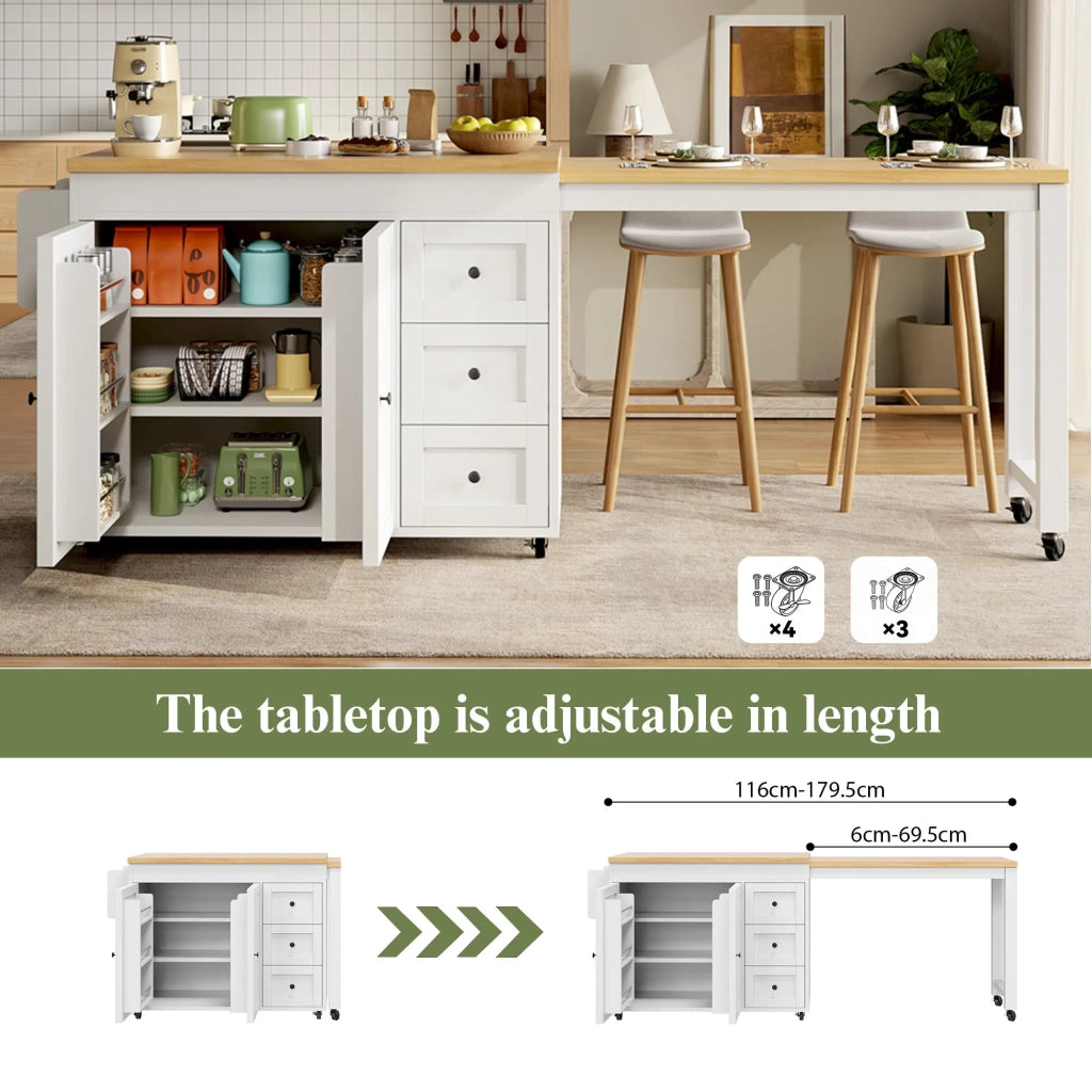 Isola da cucina estraibile con 3 cassetti, ripiani laterali e ruote, piano allungabile fino a 69,5 cm, 116–179,5 cm, bianco/nero