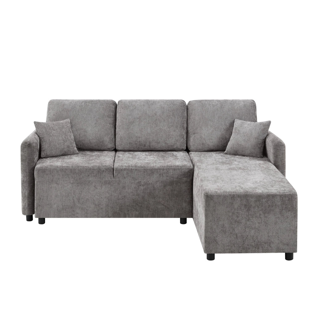 Divano angolare 3 posti con chaise longue e 2 cuscini, imbottitura in schiuma ad alta densità, in ciniglia grigio