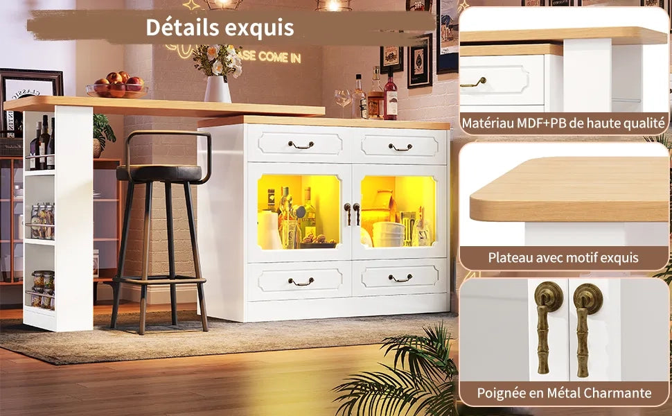 Tavolo Bar Allungabile con LED e Vano Portaoggetti, Girevole a 360°, Telescopico (135-203x39x92,8 cm), Isola Cucina Alta per Soggiorno, Camera da Letto, Bianco