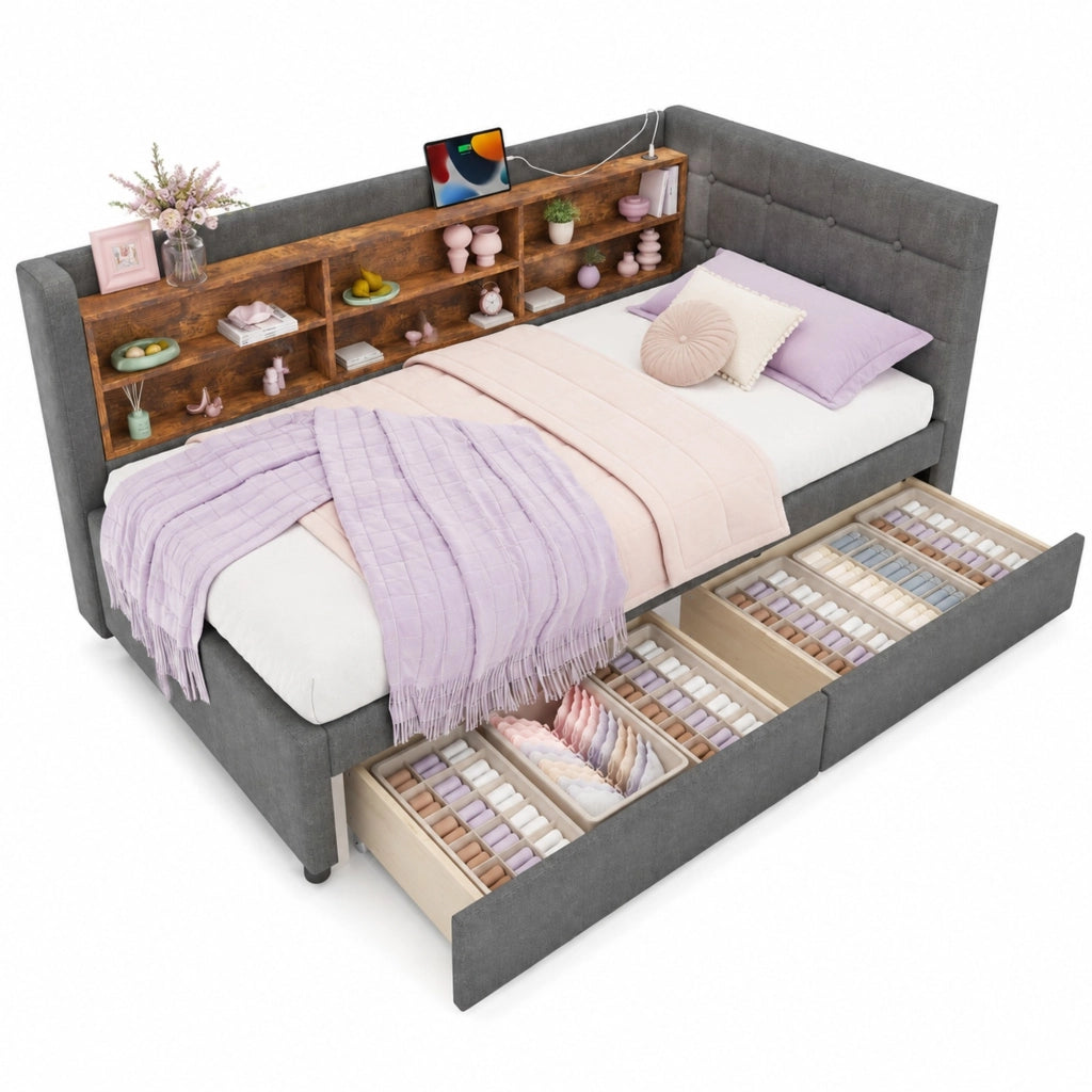 Letto singolo 90x200 cm grigio con 2 cassetti, USB, Type-C e ripiani