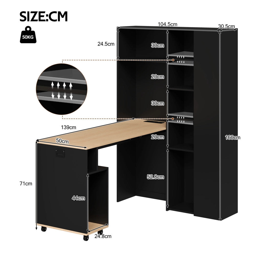 Scrivania pieghevole multifunzionale con ripiani e prese USB - per studio - nero rovere