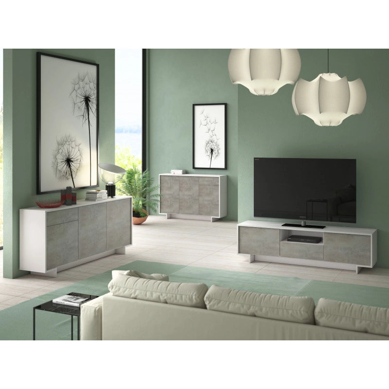 Madia Frame 3 ante con cassetto push to open bianco e cemento 170x42x78 cm - Terraneo