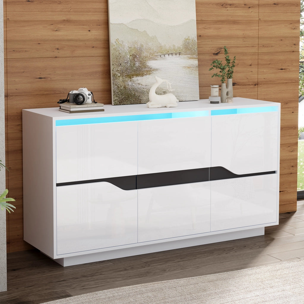 Credenza e madia LED con 3 ante e 5 ripiani regolabili, lucida, in truciolare bianco e nero, 140 × 40 × 70 cm