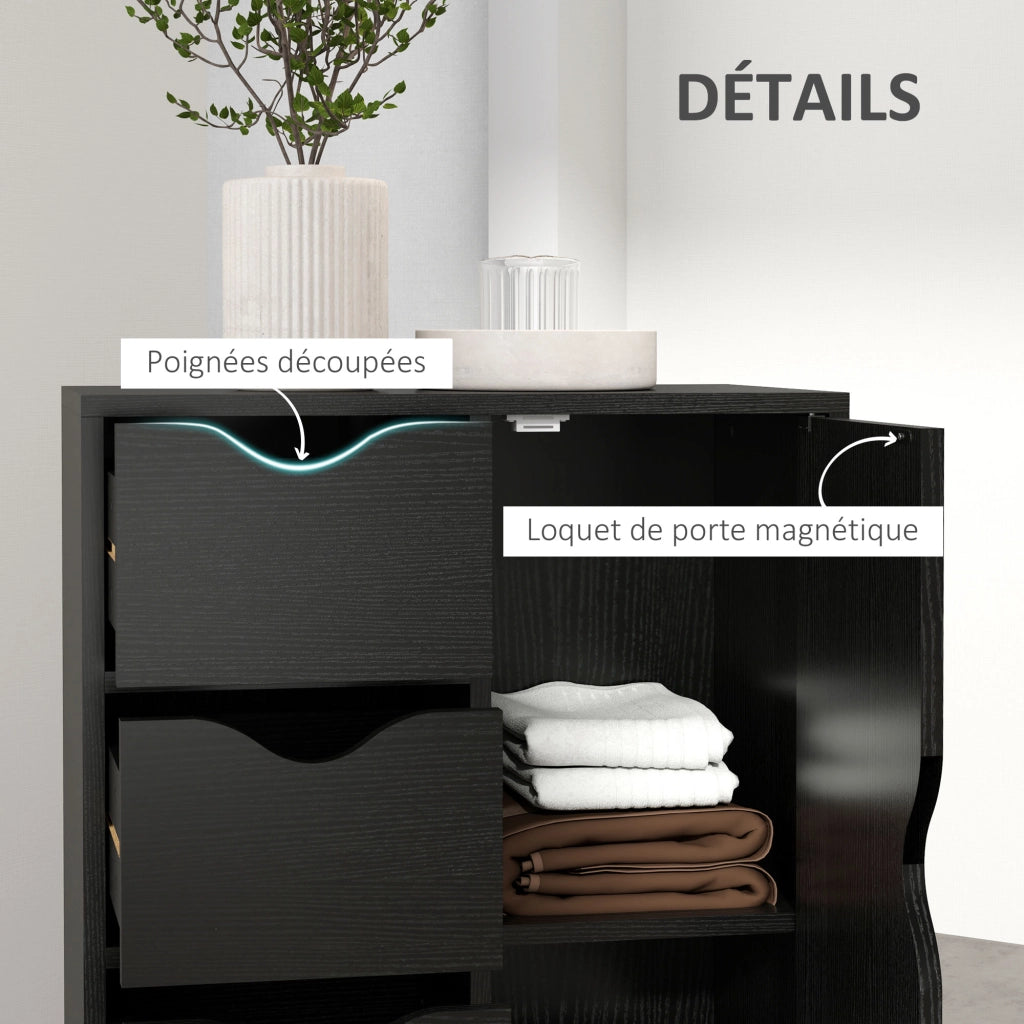 Credenza in legno con 1 anta e 4 cassetti, mobile contenitore nero salvaspazio per soggiorno e cucina, robusto