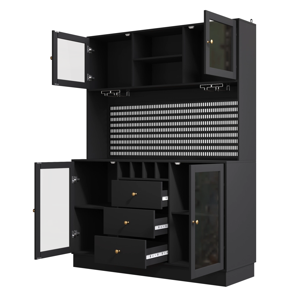 Credenza alta 140x40x185,7 cm in MDF nero con LED e contenitore