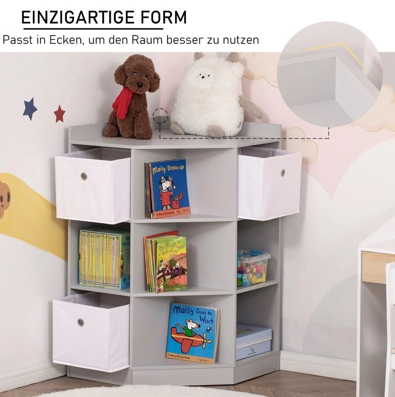 Scaffale angolare per bambini grigio in MDF con 3 cassetti