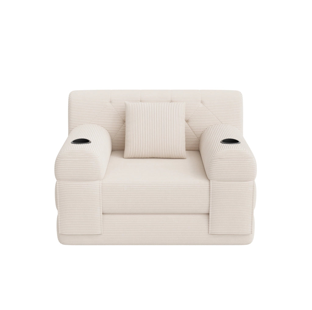 Divano Letto 1 Posto in Corduroy Beige con Schienale Alto, Telaio in Metallo, 2 Porta Bicchieri e 4 Tasche Laterali, Ideale per Soggiorno e Spazi Compatti