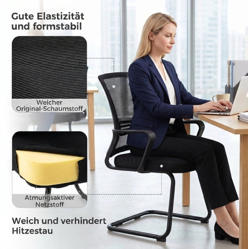 Set di 2 sedie ergonomiche da scrivania senza ruote con struttura a slitta, imbottite, nere, per sala d'attesa e reception