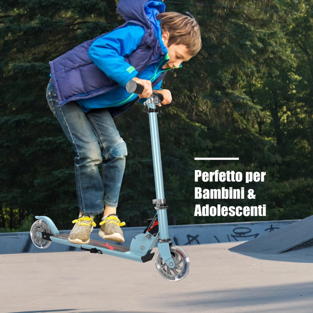 Monopattino a 2 ruote lampeggianti per bambini con musica altezza regolabile, Monopattino in alluminio Azzuro