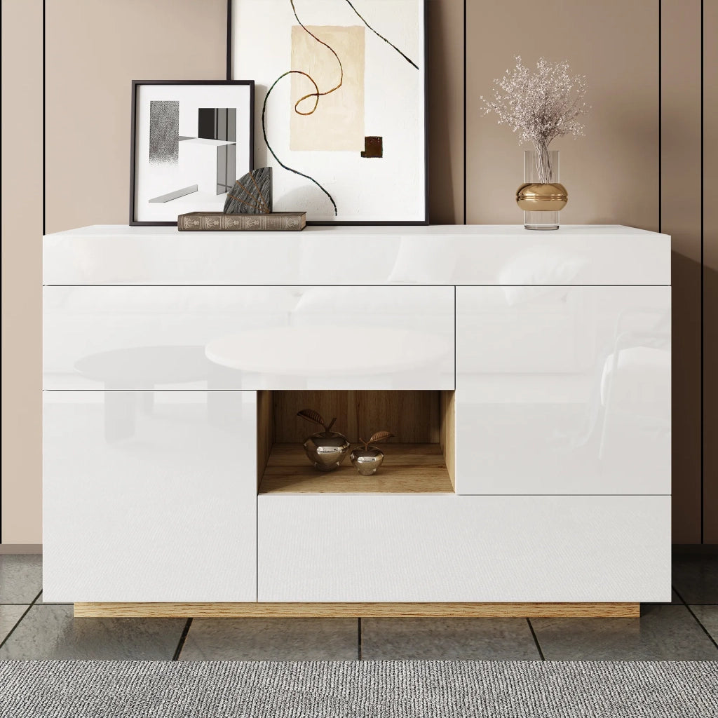 Sideboard vetrina con illuminazione LED a cambio colore e cassetti, finitura lucida