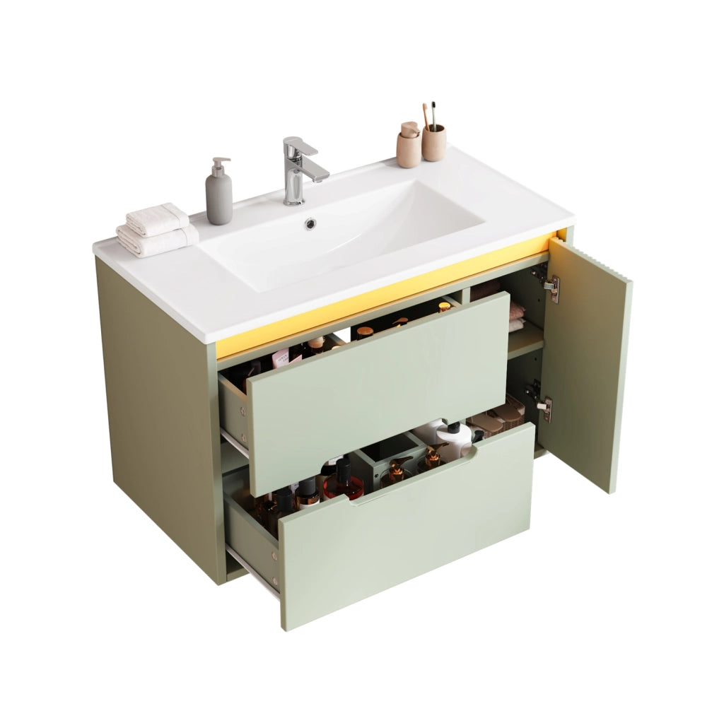 Mobile bagno sospeso 81 cm con lavabo in ceramica, illuminazione LED regolabile e design a onde, colore verde, senza miscelatore