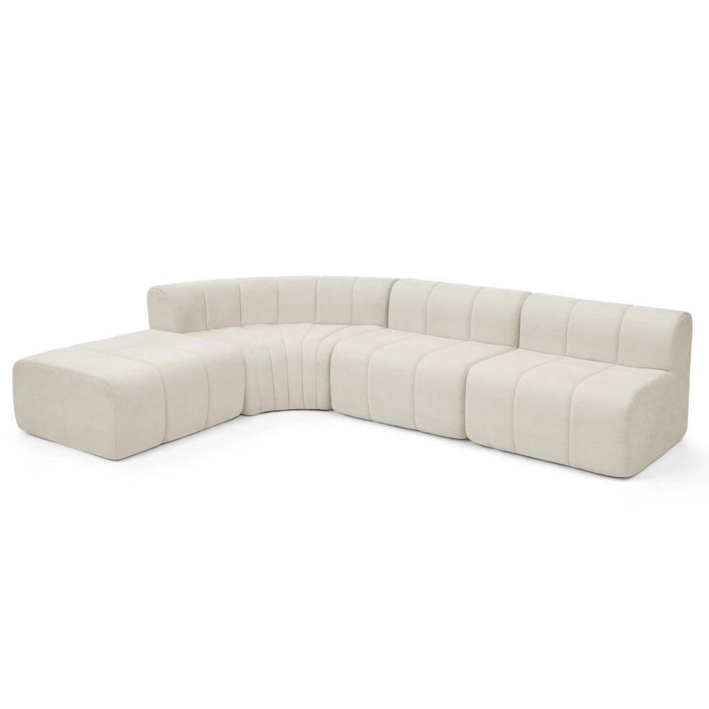 Divano angolare modulare a 4 posti in chenille beige con moduli combinabili e seduta versatile