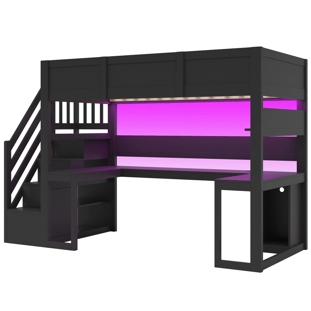 Letto a soppalco 90x200 cm con scrivania integrata; LED e USB; nero