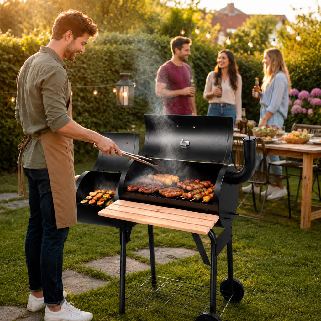 Barbecue A Carbone Con Camera Affumicatura Laterale BBQ Con Termometro Integrato Griglie Cromate Ripiano E Maniglie Legno Ruote Per Giardino E Terrazzo 109.5 x 59 x 116 Cm Nero