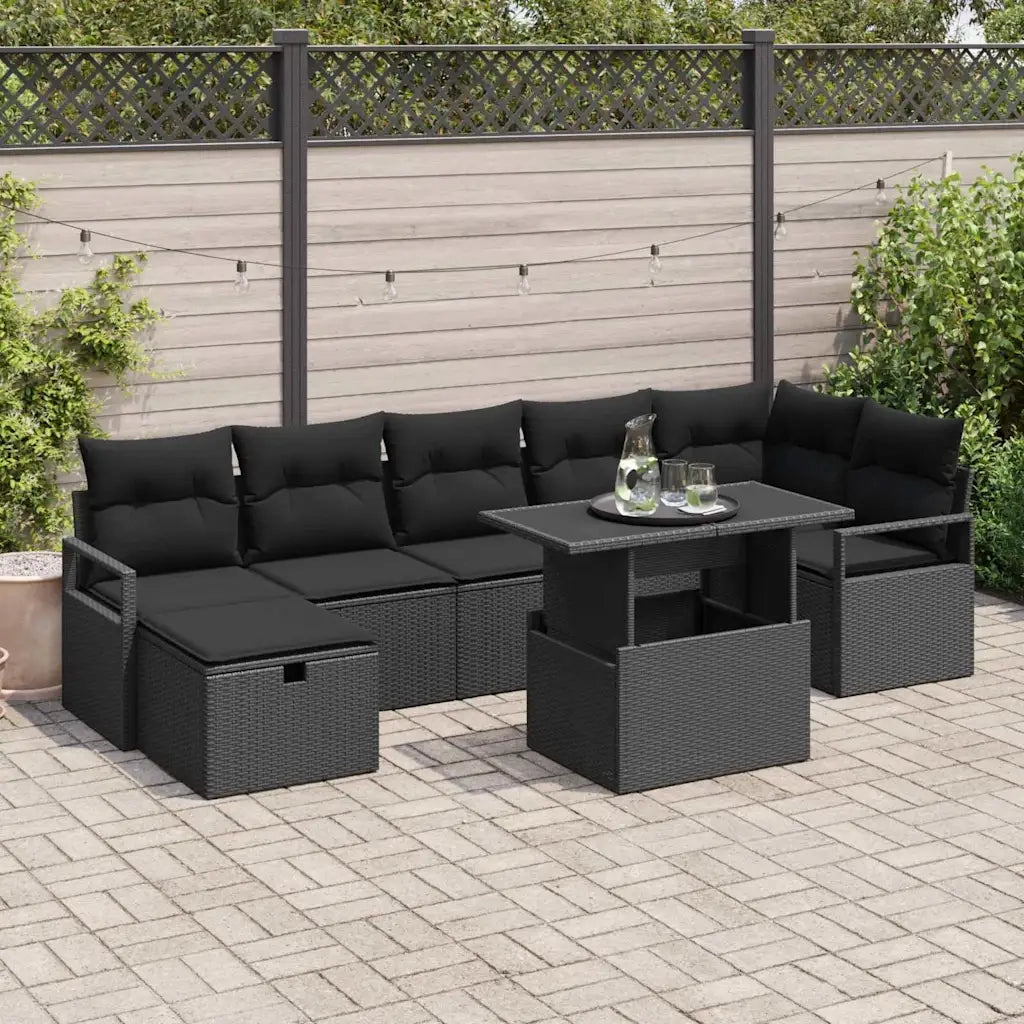 Set Divano da Giardino con cuscino 8 pcs Nero Poly Rattan