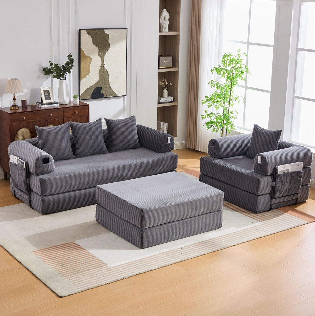 Divano modulare in velluto a coste con poltrona e pouf grigio scuro