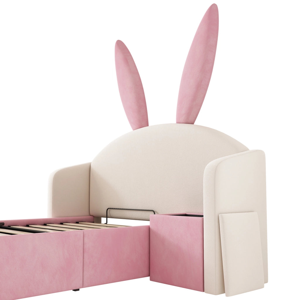 Letto singolo per bambini 90x200 cm con contenitore idraulico e comodino in velluto beige e rosa HOMVRA