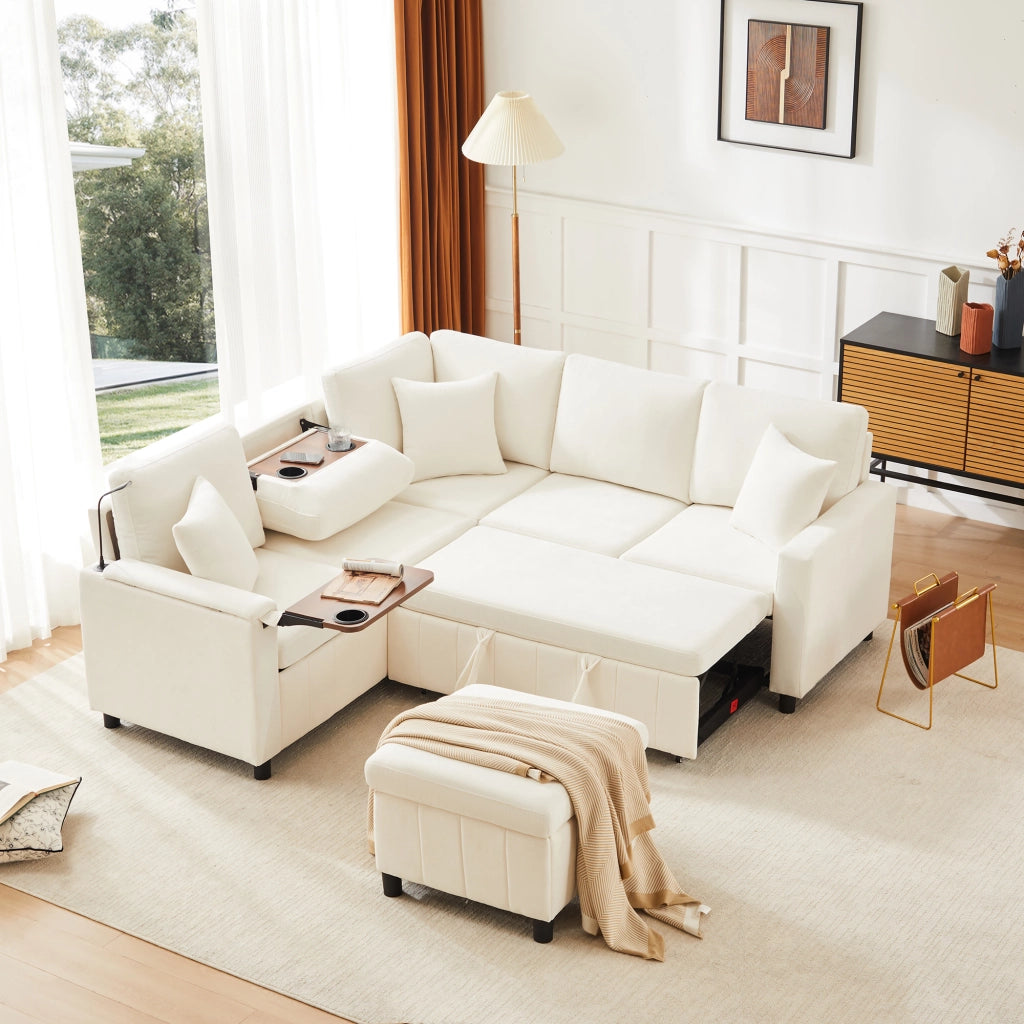 Divano angolare 205x205x85 cm con letto estraibile in ciniglia beige