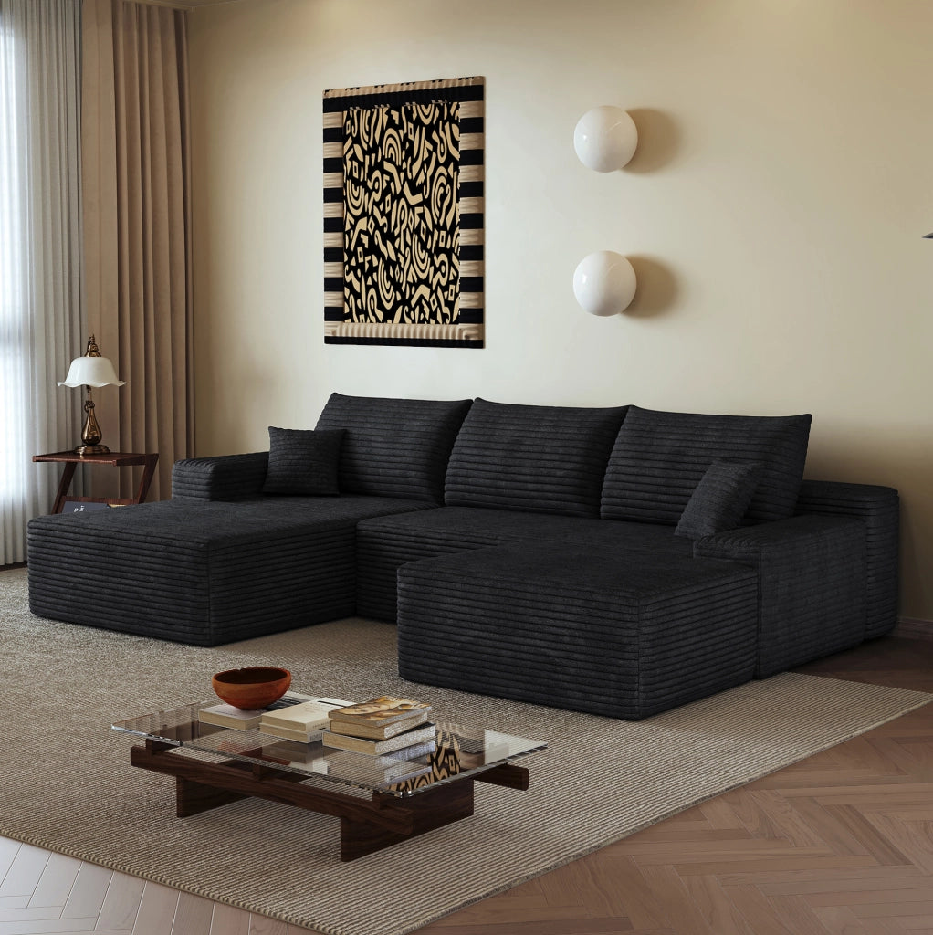 Divano modulare angolare senza braccioli 270 cm con chaise longue a L in tessuto di velluto a coste nero