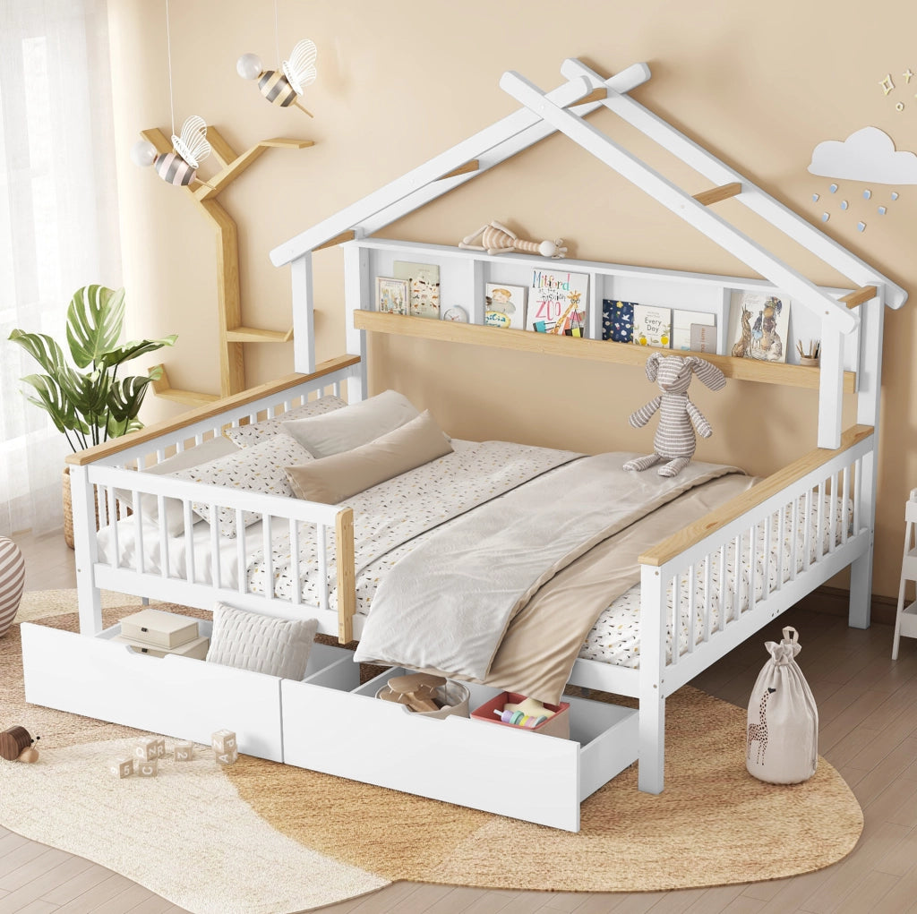 Letto per bambini a casetta con sponde, cassetti e spazio contenitore